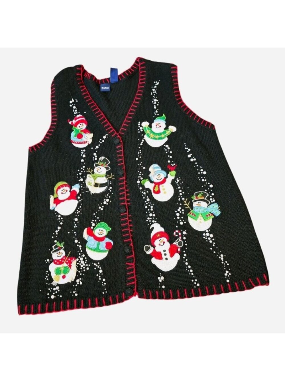 Basic Editions XL 80's Vtg Snowmen Beaded Front Button Black Knit Christmas Vest